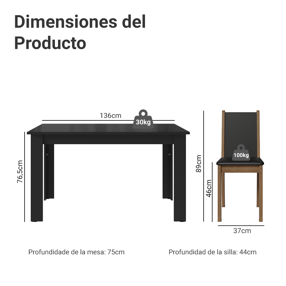 Juego Comedor Mesa con Tapa de Vidrio 6 Sillas Negro/Marrón Heloísa Madesa