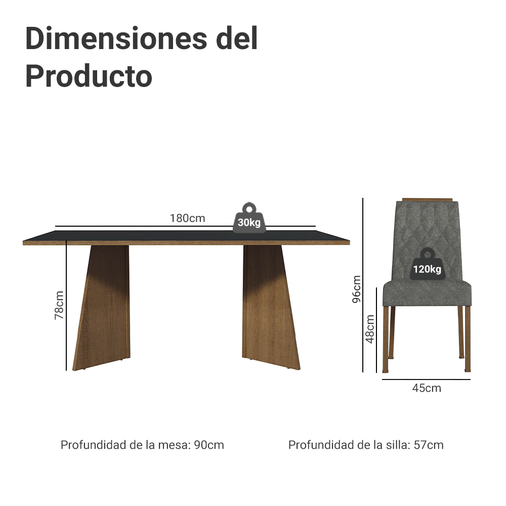 Juego de Comedor Mesada de Madera 6 Sillas York Marrón/Negro/Silver