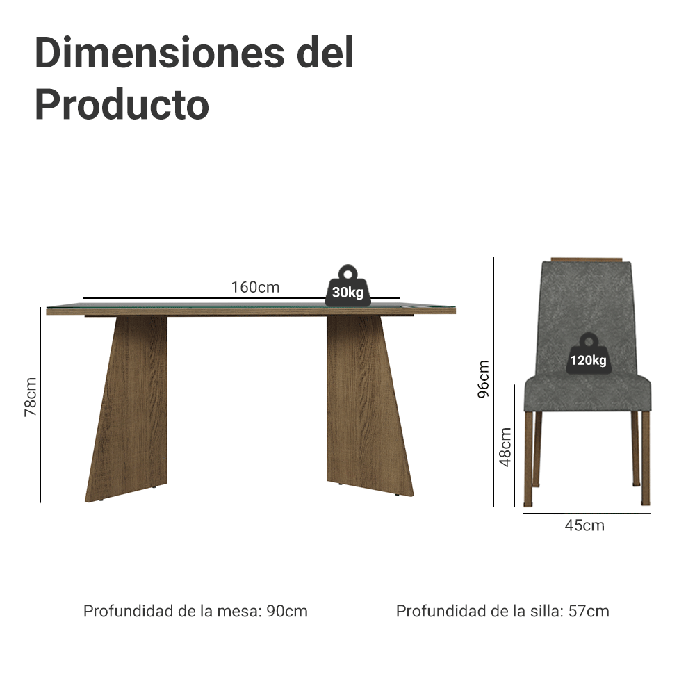 Juego de Comedor Mesada de Vidrio 6 Sillas Madrid Marrón/Gris/Silver