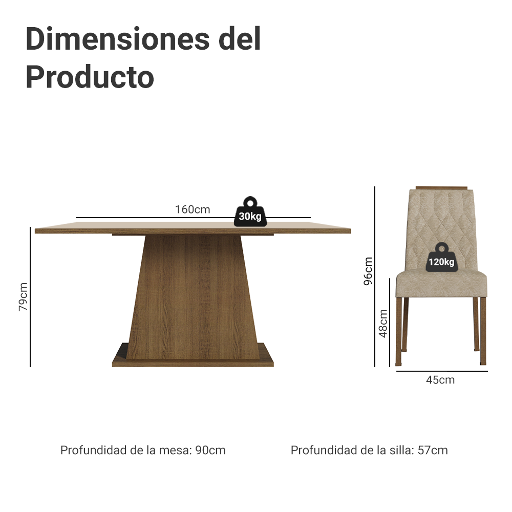 Juego de Comedor Tapa de Madera 6 Sillas Marrón/Crema/Imperial Cedro Madesa