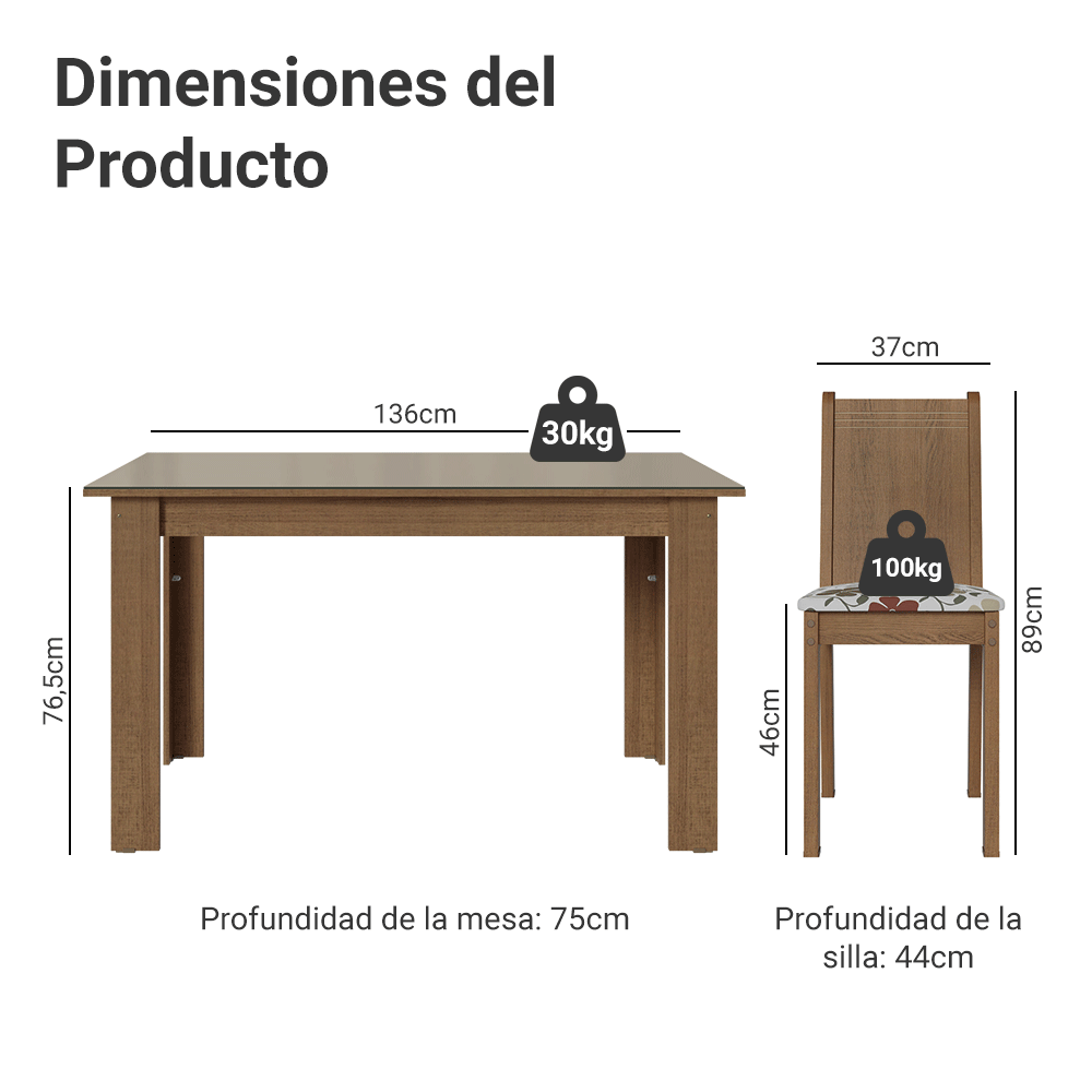 Juego de Comedor Mesa con Tapa de Vidrio 6 Sillas Marrón/Crema/Floral Hibiscos Madesa