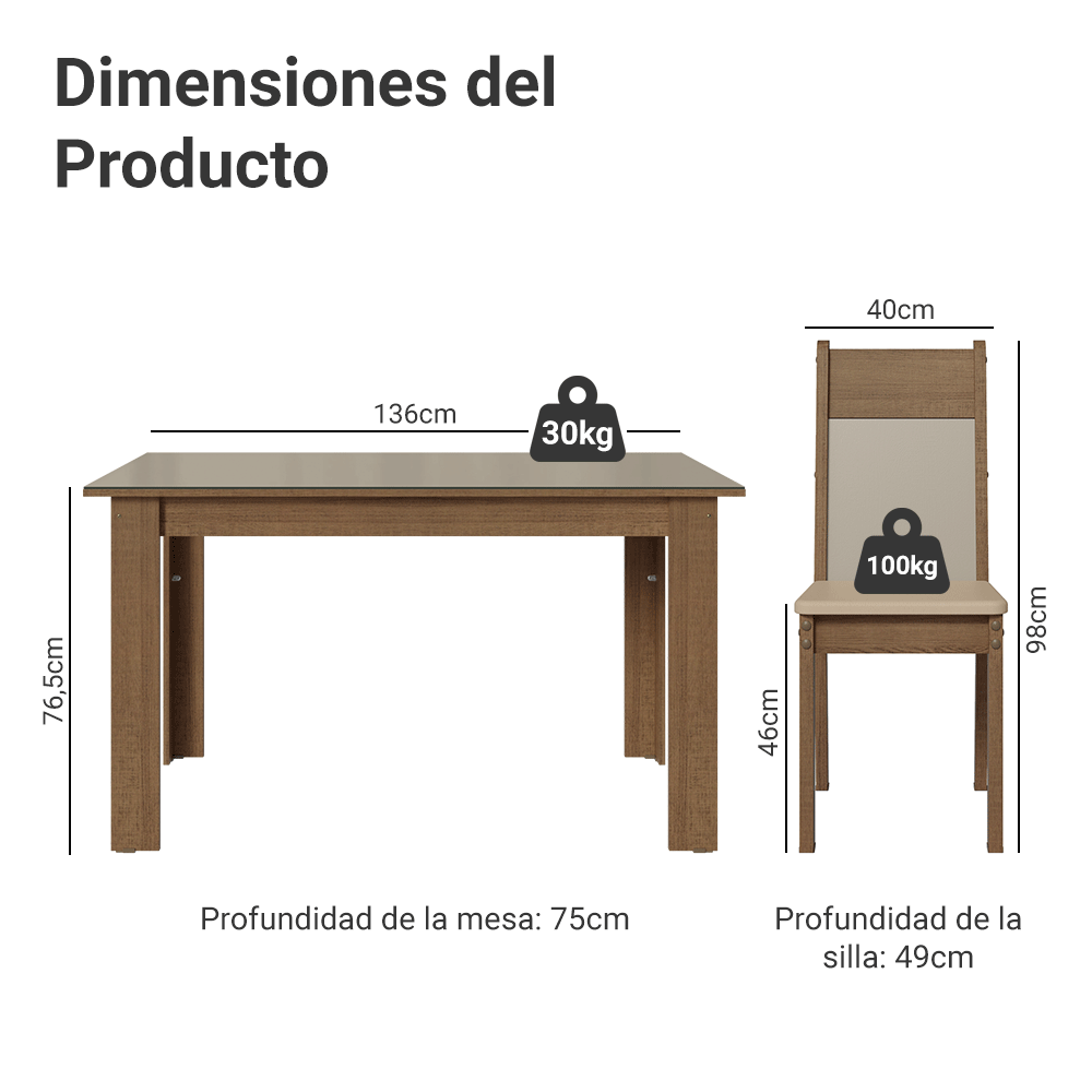 Juego de Comedor Mesa Tapa de Vidrio 6 Sillas Marrón/Crema/Sintético Beige Madesa