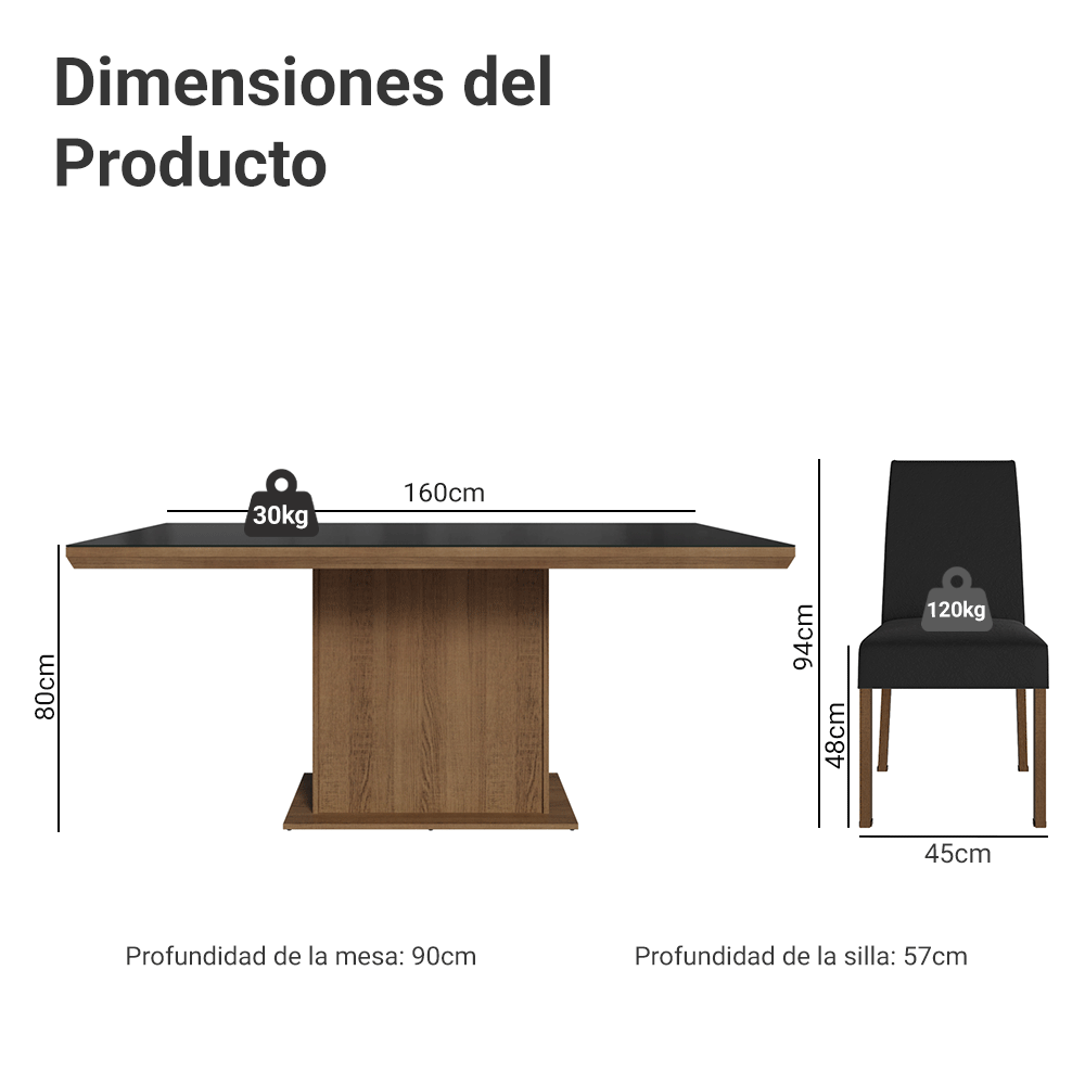 Juego de Comedor Tapa con Vidrio 6 Sillas Marrón/Negro/Oxford Alba Madesa