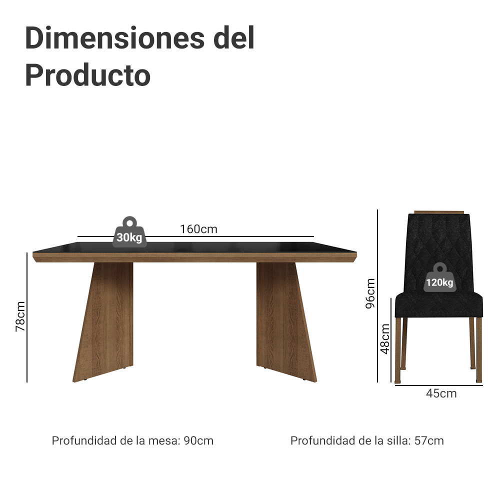 Juego de Comedor Tapa con Vidrio 6 Sillas Marrón/Negro/Oxford Pienza Madesa