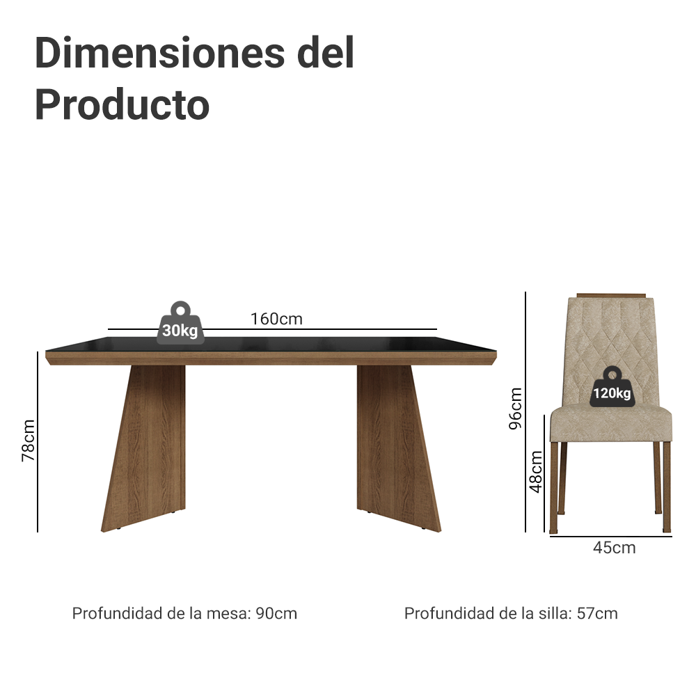 Juego de Comedor Tapa con Vidrio 6 Sillas Marrón/Negro/Imperial Pienza Madesa