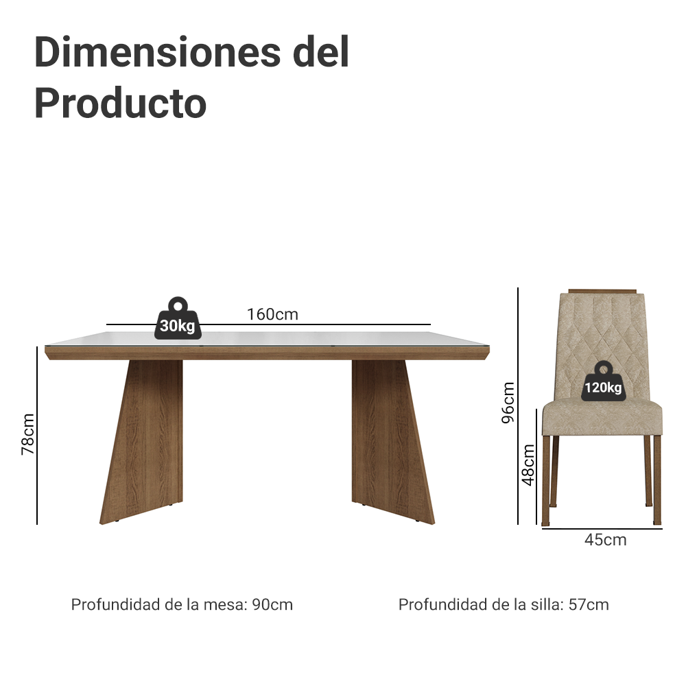 Juego de Comedor Tapa con Vidrio 6 Sillas Marrón/Blanco/Imperial Pienza Madesa