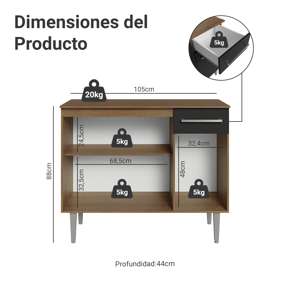 Gabinete Aparador Vajillero 3 Puertas Madesa Color Marrón/Negro