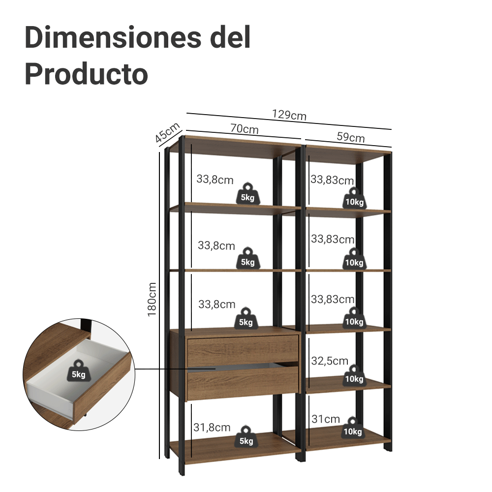 Estante Multiuso para Cocina 129 cm 2 Cajones Marrón/Negro Madesa