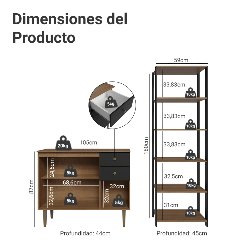 Kit Bajo Mesada y Estante Multiuso para Cocina Marrón/Negro Madesa
