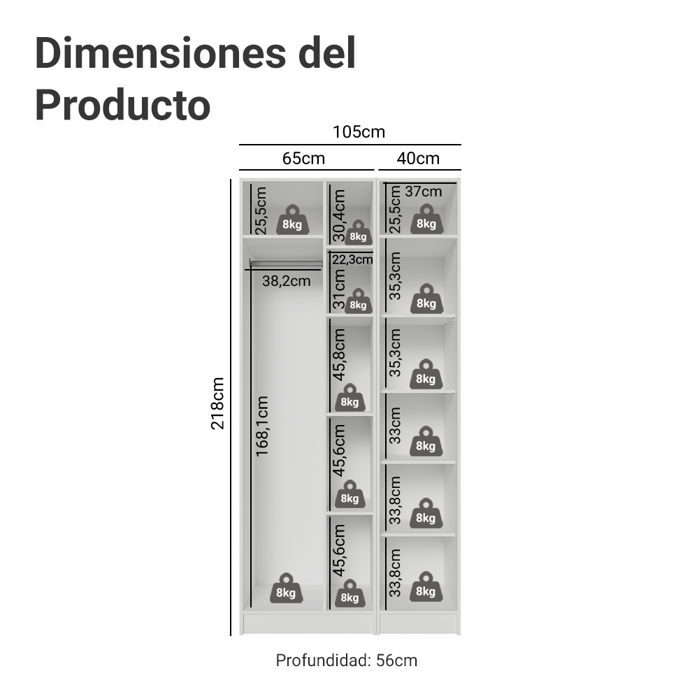 Placard Modular 105 cm 2 Puertas con Espejos y 5 Nichos Blanco Neo Madesa