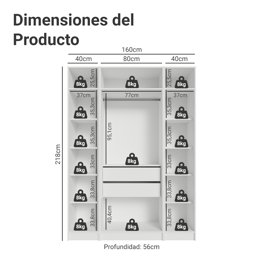 Placard Modular con Espejos 160 cm 4 Puertas Blanco Neo Madesa