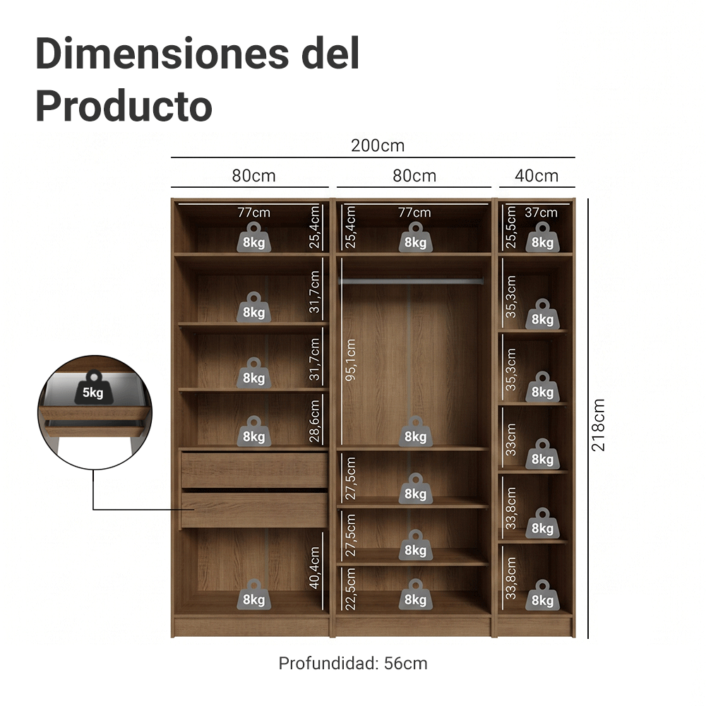 Placard Matrimonial 200 cm 5 Puertas con 2 Espejos 2 Cajones Marrón/Crema Neo Madesa