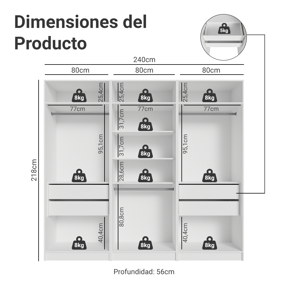 Placard Modular 240 cm 6 Puertas 4 Cajones Blanco Neo Madesa 01
