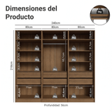 Placard Modular 240 cm 6 Puertas con Espejos 6 Cajones Marrón/Crema Neo Madesa 04