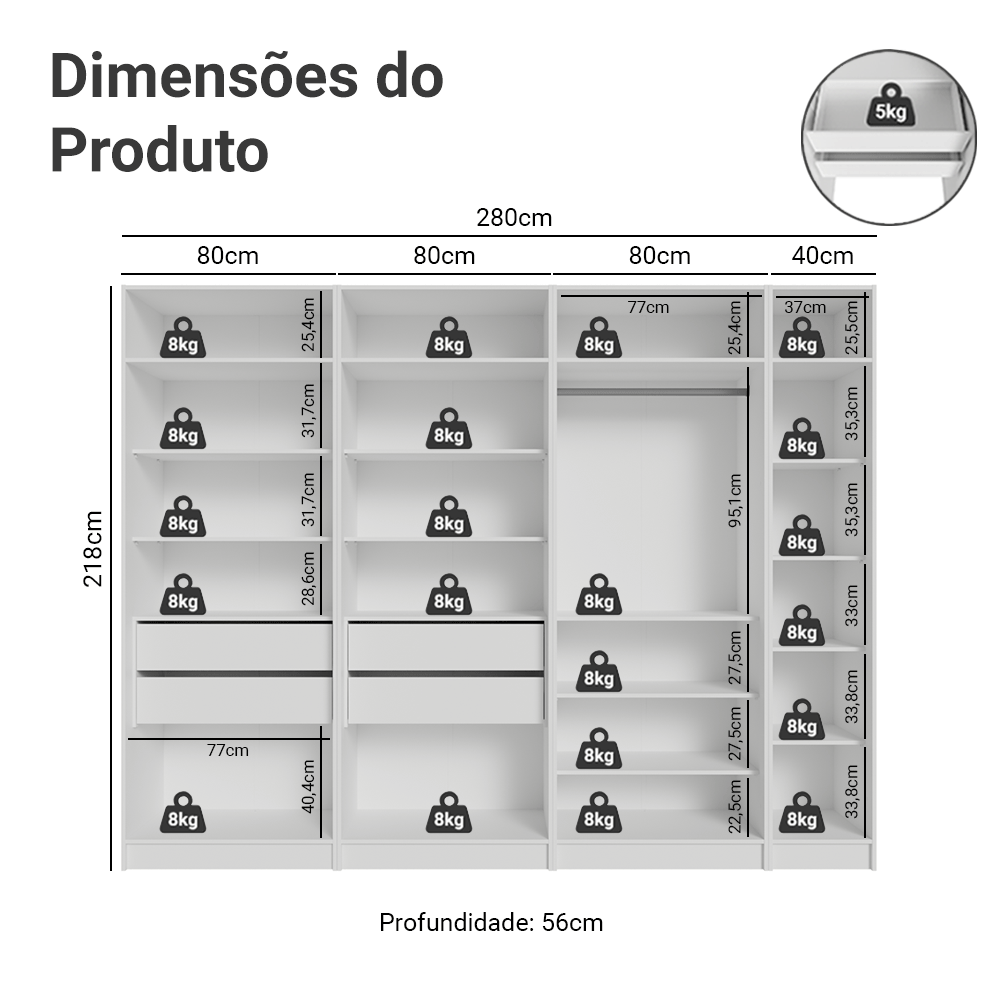 Placard Modular 280 cm 7 Puertas 4 Cajones Blanco Neo Madesa 01