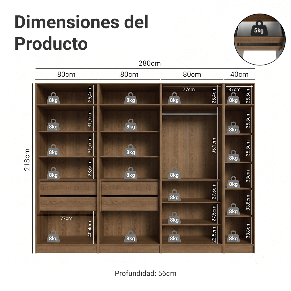 Placard Modular 280 cm 7 Puertas con Espejos 4 Cajones Marrón/Crema Neo Madesa 01