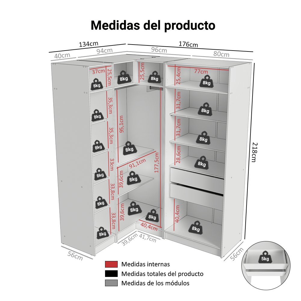 Placard de Esquina Matrimonial 310 cm 5 Puertas 2 Cajones Neo Blanco 01