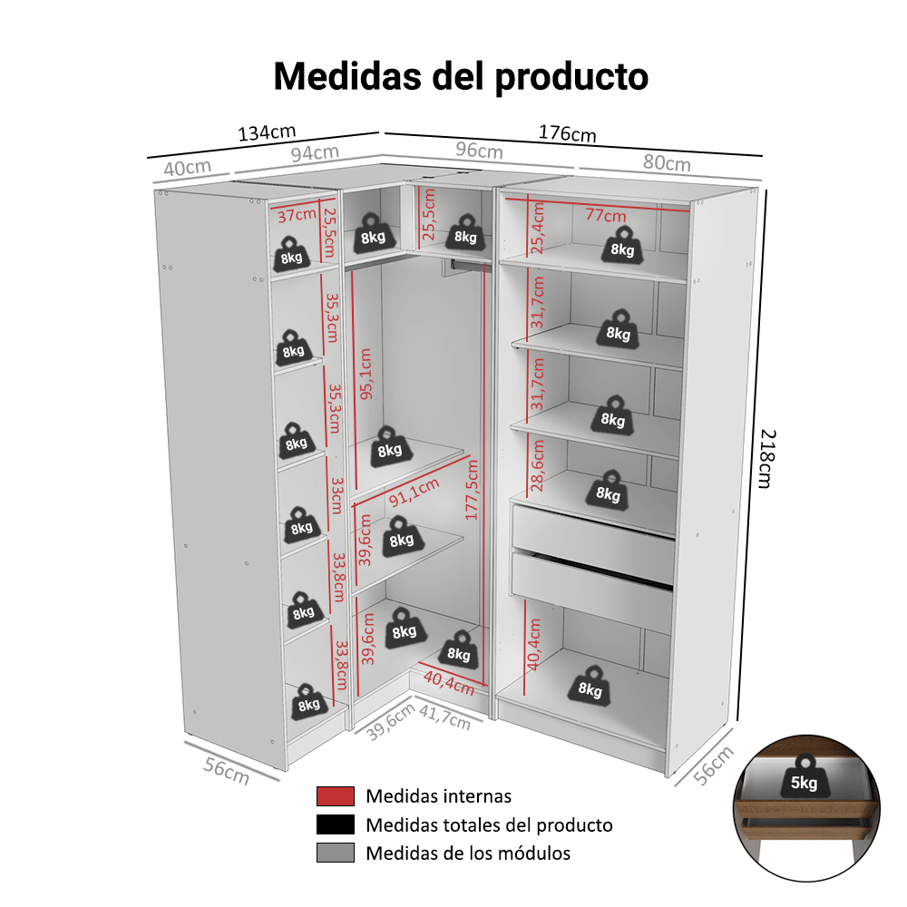 Dormitorio Completo Matrimonial Esquinero 310 cm 5 Puertas 2 Cajones Marrón/Crema Neo Madesa 01