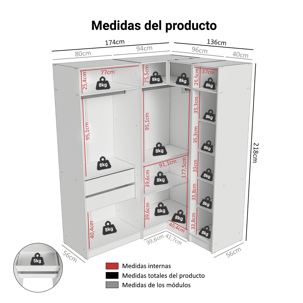 Placard de Esquina Matrimonial 310 cm 5 Puertas 2 Cajones Neo Blanco 02