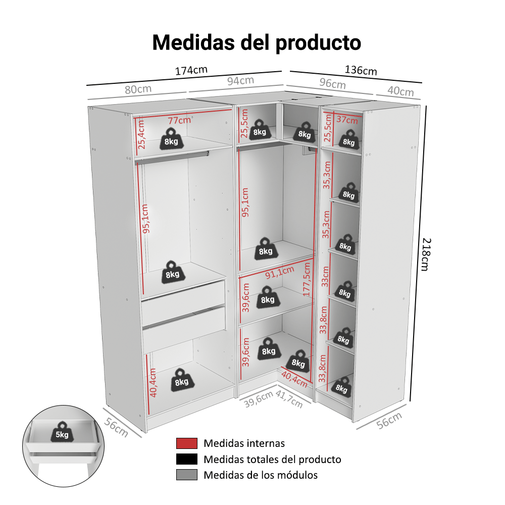 Placard Modular de Esquinero 310 cm 5 Puertas con Espejos 2 Cajones Blanco Neo Madesa 03