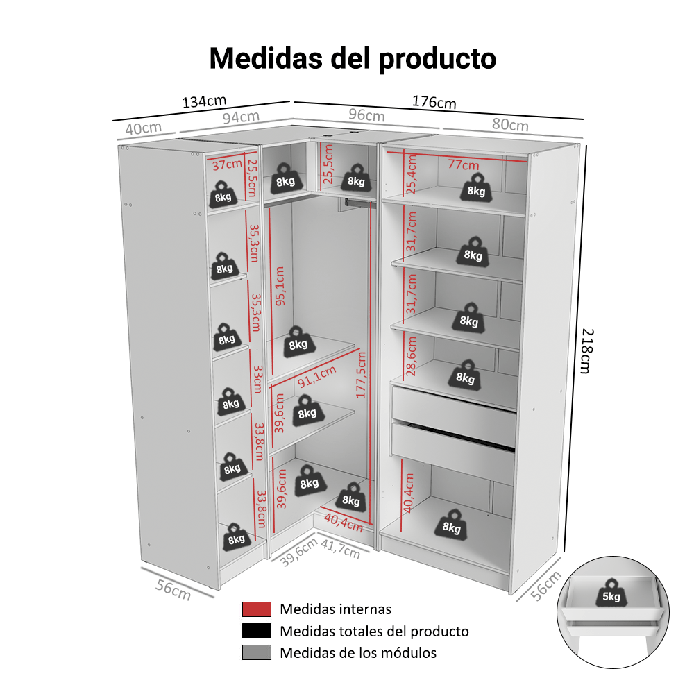 Placard Modular de Esquinero 310 cm 5 Puertas con Espejos 2 Cajones Blanco Neo Madesa 04