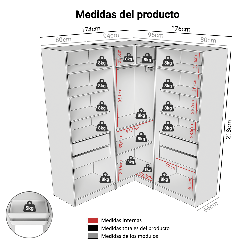 Placard Modular de Esquinero 350 cm 6 Puertas con Espejos 4 Cajones Blanco Neo Madesa 02