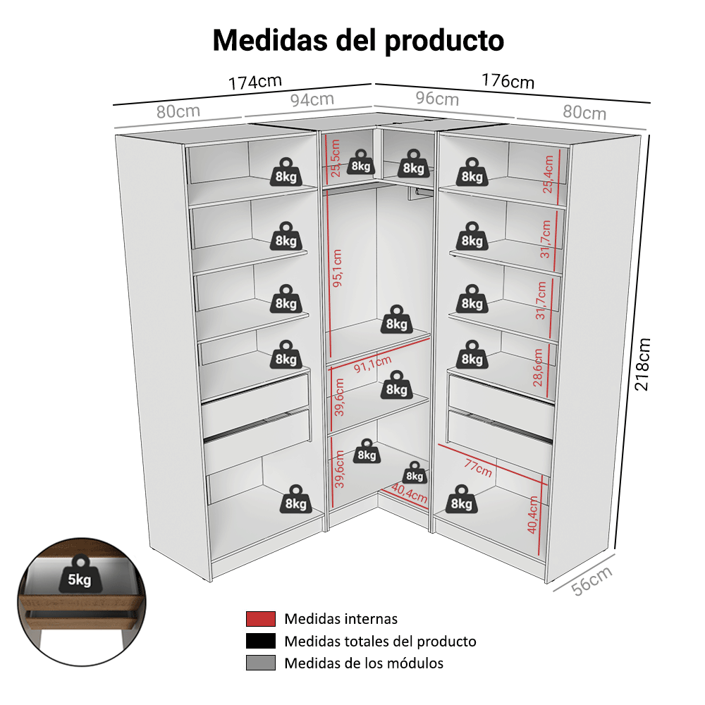 Placard Modular Esquinero 350 cm 6 Puertas con Espejos 4 Cajones Marrón/Crema Neo Madesa 02