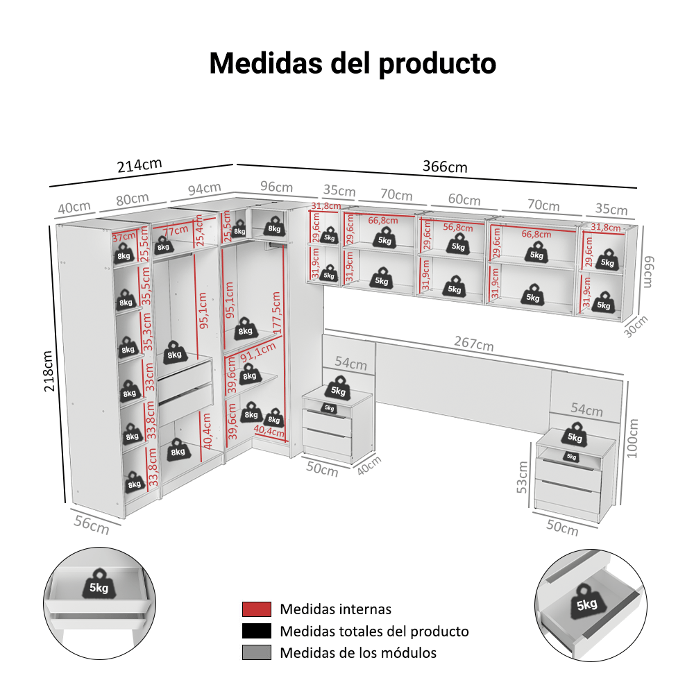 Dormitorio Completo Matrimonial Madesa Neo 580 cm con Ropero Esquinero con Espejos Blanco