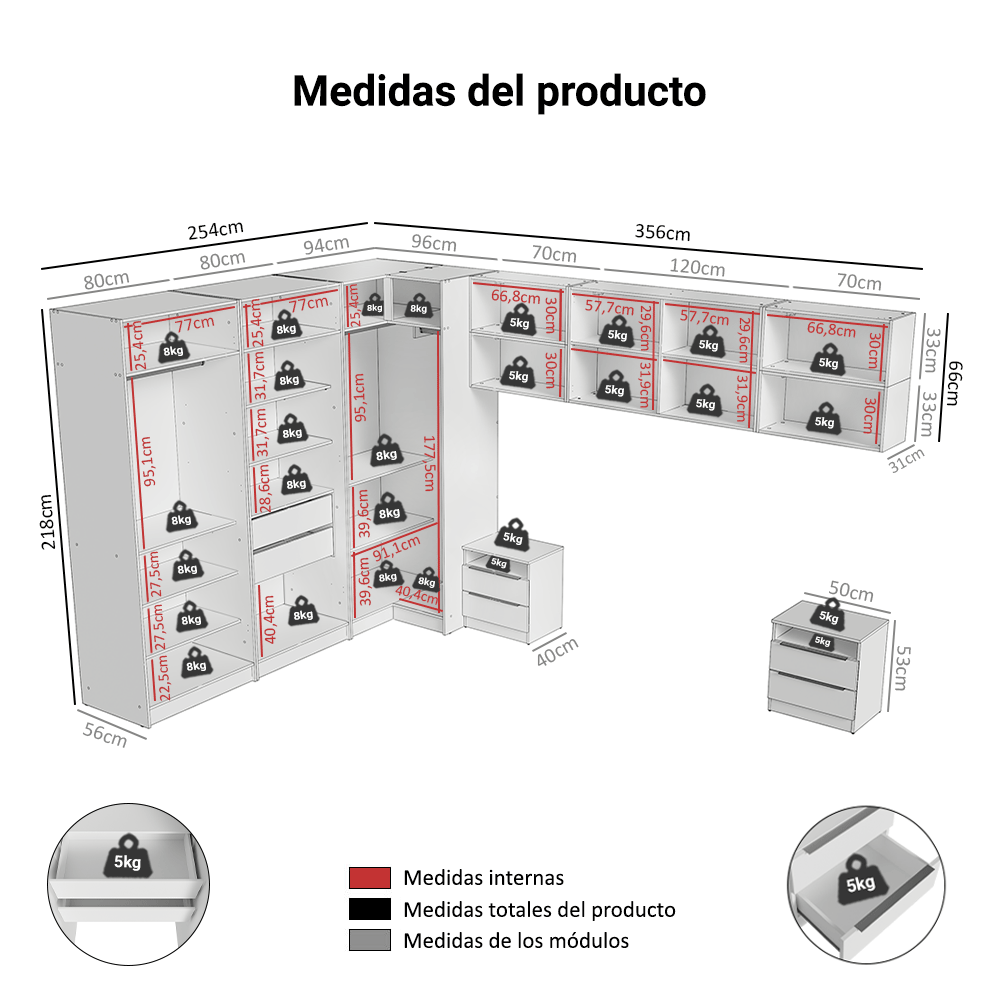 Dormitorio Completo de Esquinero Matrimonial 610 cm con Mesa de Luz Blanco Neo Madesa