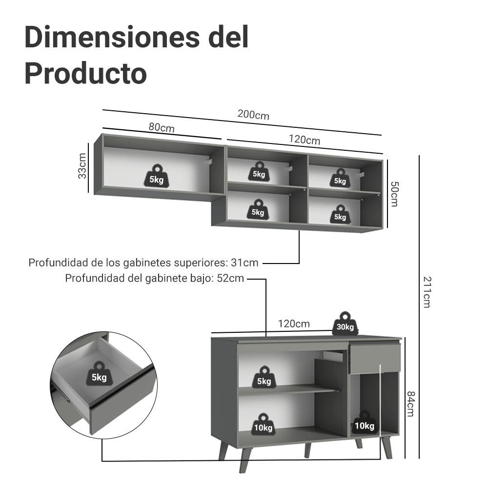 Cocina compacta 200cm Gris Nice Madesa 03XA