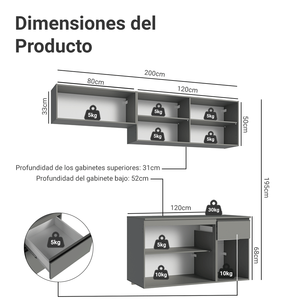Cocina compacta Flotante 200cm Gris Nice Madesa 04XA
