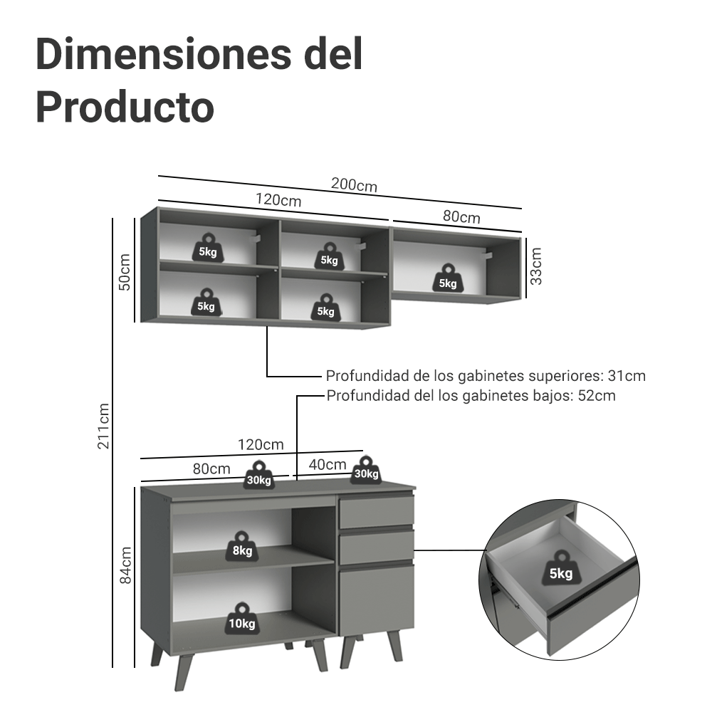 Cocina compacta 200cm Gris Nice Madesa XA06