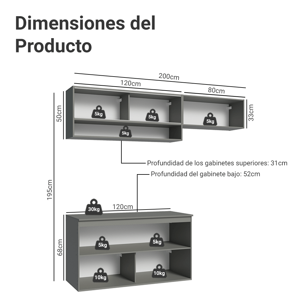 Cocina compacta Flotante 200cm Gris Nice Madesa XA08