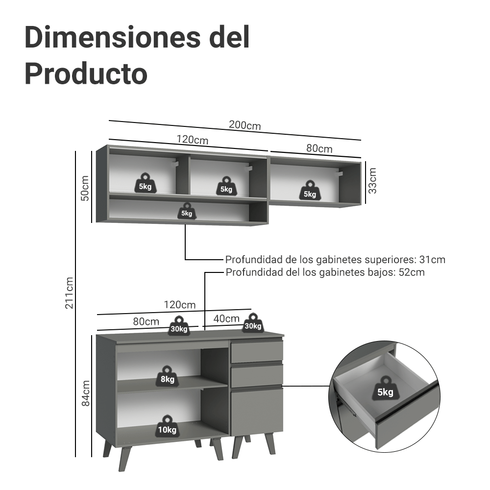 Cocina compacta 200cm Gris Nice Madesa XA13