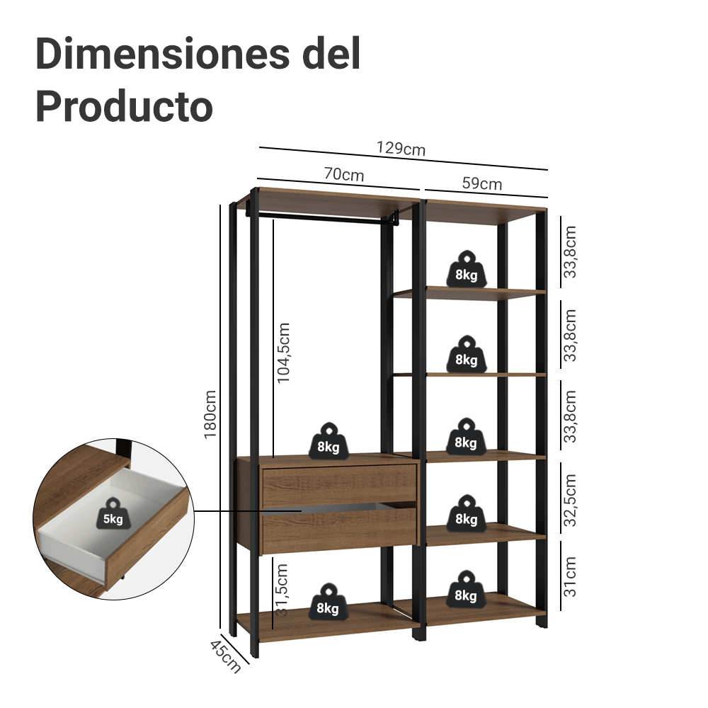 Placard Ropero Placard Ropero Modulado Valencia 2 Cajones 129cm Marrón/Negro Madesa XA