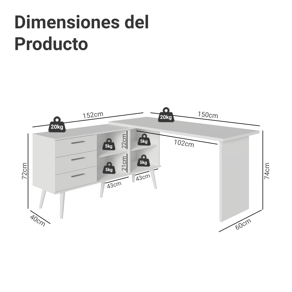 Mesa de Estudos em L 3 Cajones Blanco Lisboa Madesa