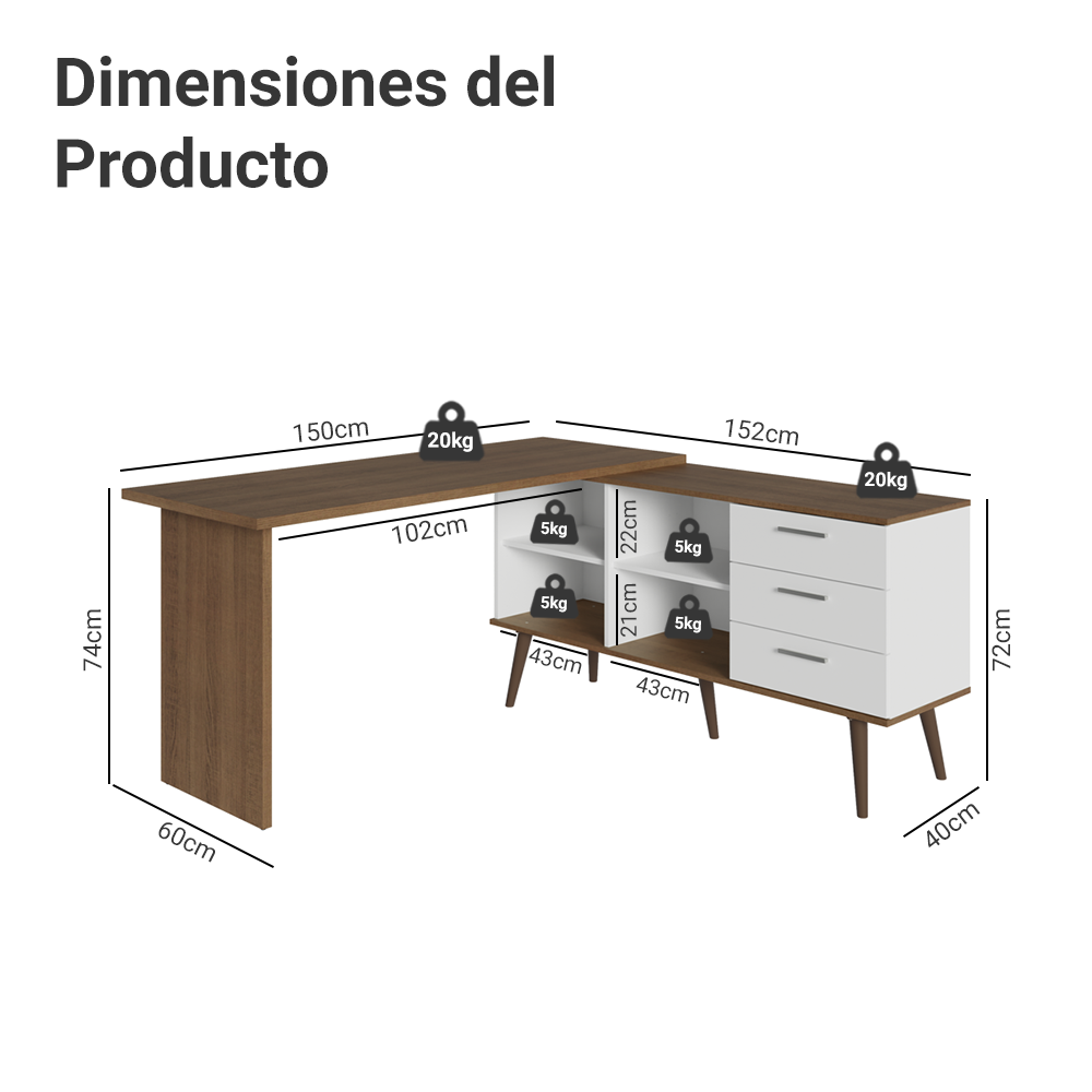 Mesa Gamer em L 3 Cajones Blanco/Marrón Lisboa Madesa