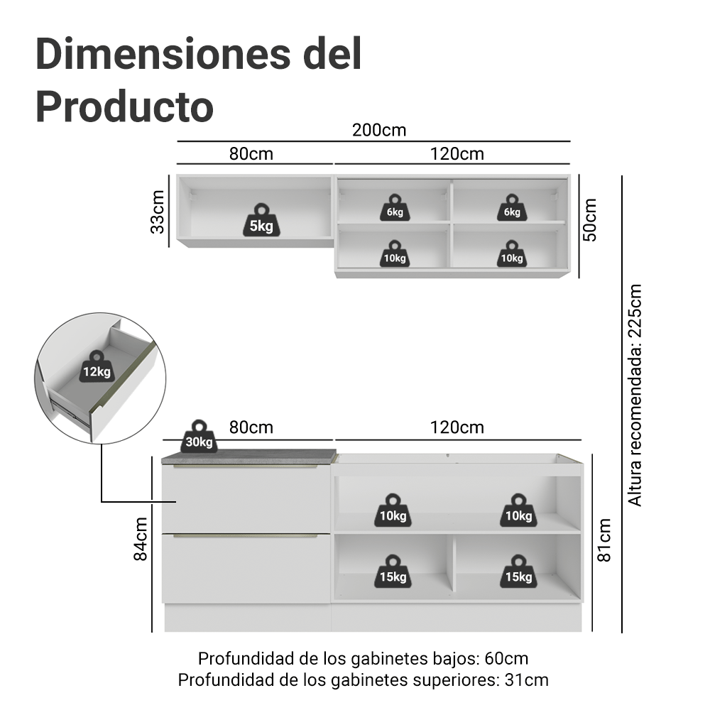 Cocina Compacta 200 x 60 cm Blanco/Blanco Aterciopelado Lux Madesa 01