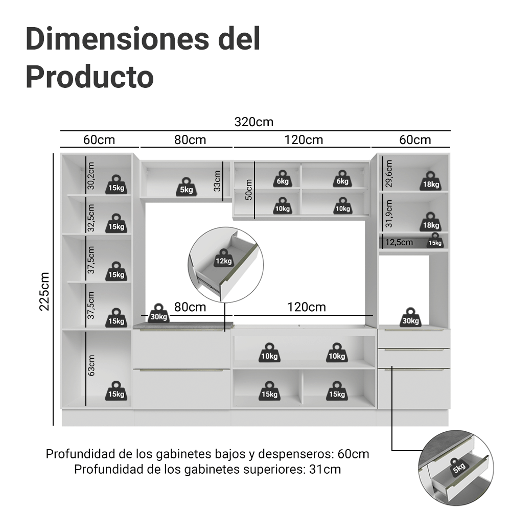 Combo Completo de Cocina 320 x 60 cm Blanco/Blanco Aterciopelado Lux Madesa 01