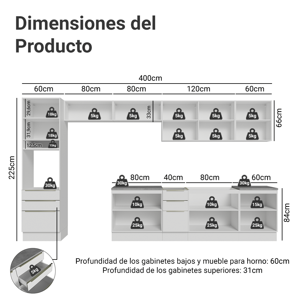 Combo Completo de Cocina 400 x 60 cm Blanco Aterciopelado Lux Madesa
