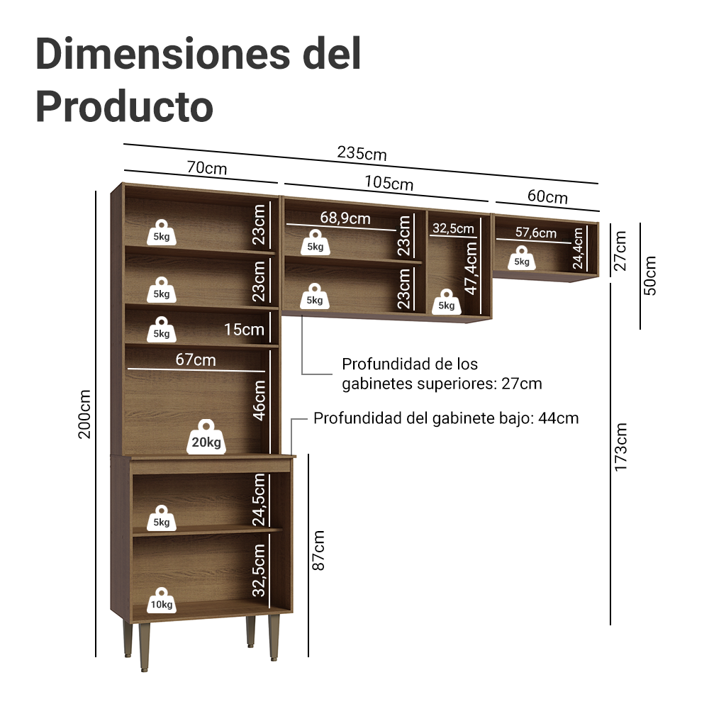 Cocina compacta 235cm Marrón/Negro Gourmet Madesa XC03