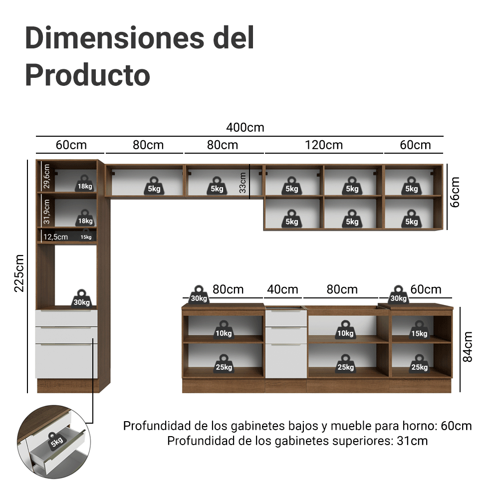 Combo Completo de Cocina 400 x 60 cm Marrón/Blanco Aterciopelado Lux da Thauane Madesa