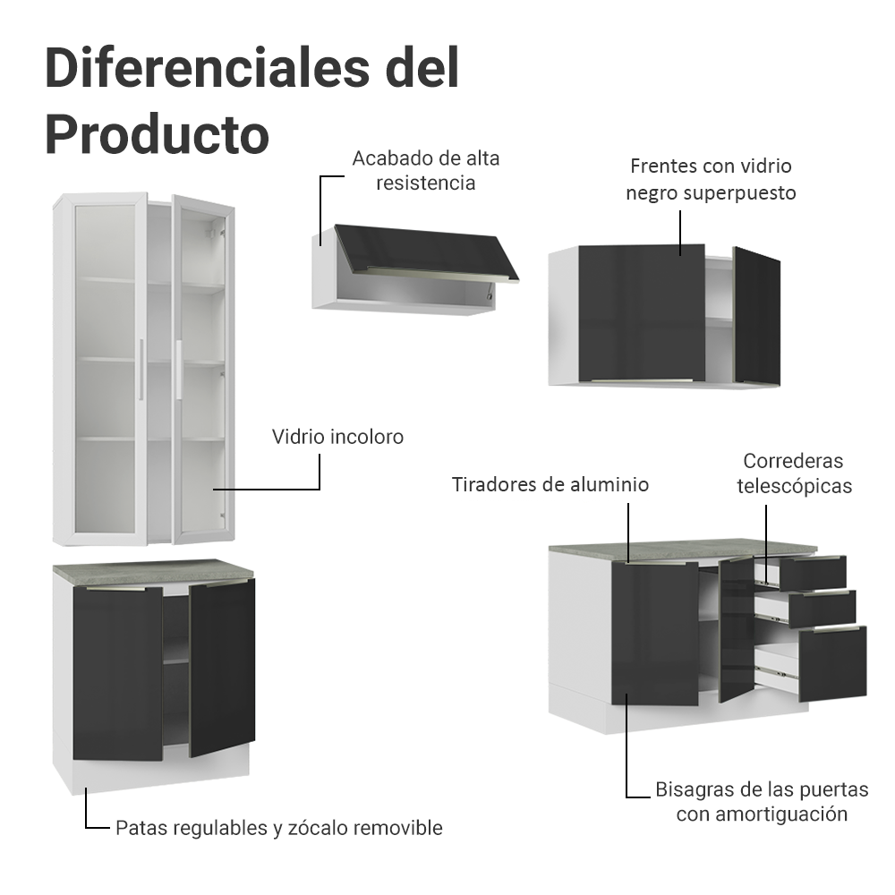 Combo completo de Cocina 270 cm con Cristalero 9 Puertas 3 Cajones Blanco/Negro Lux Madesa