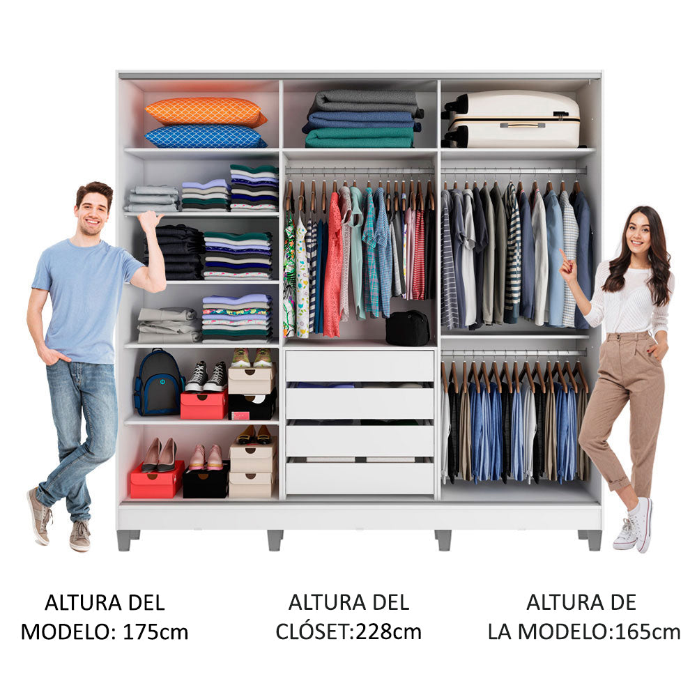 Placard Matrimonial 100% MDF Royale 3 Puertas Corredizas con Espejo con Patas Blanco/Marrón