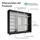 Placard Matrimonial Malta 231 cm 3 Puertas Corredizas con 1 Espejo 4 Cajones con Patas 100% MDF Negro Madesa