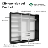 Placard Matrimonial Malta 231 cm 3 Puertas Corredizas 4 Cajones 100% MDF Negro Madesa
