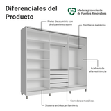 Placard Matrimonial Malta 231 cm 3 Puertas Corredizas 4 Cajones con Patas 100% MDF Blanco/Marrón Madesa