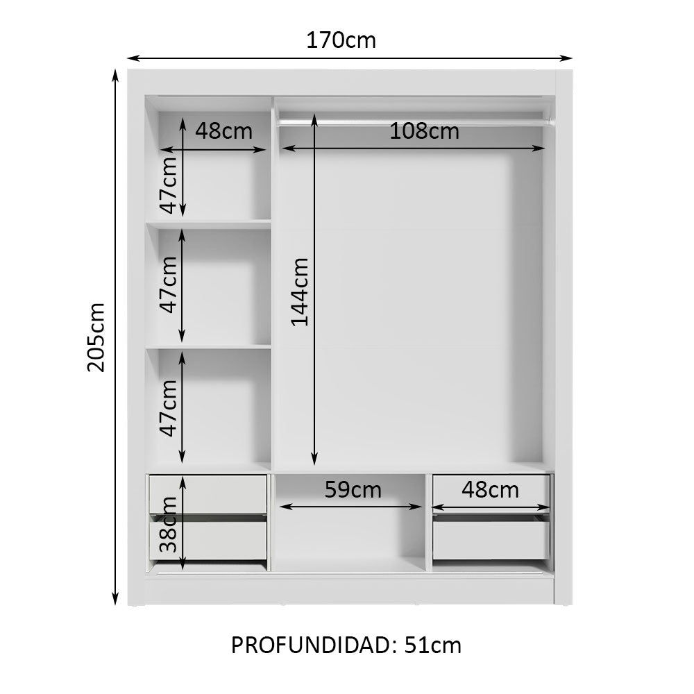 Placard Matrimonial Lyon Plus 3 Puertas Corredizas con Espejos 4 Cajones Blanco
