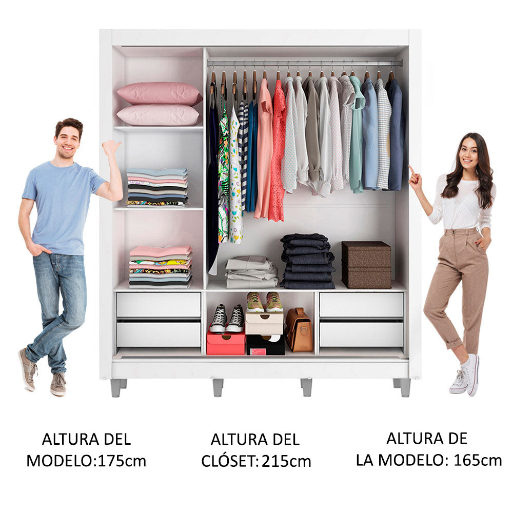 Placard Matrimonial Lyon Plus 3 Puertas Corredizas con Espejo 4 Cajones con Patas Blanco