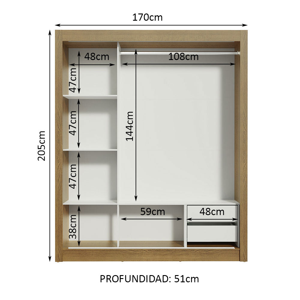 Placard Matrimonial Lyon 3 Puertas Corredizas con Espejo 2 Cajones Marrón
